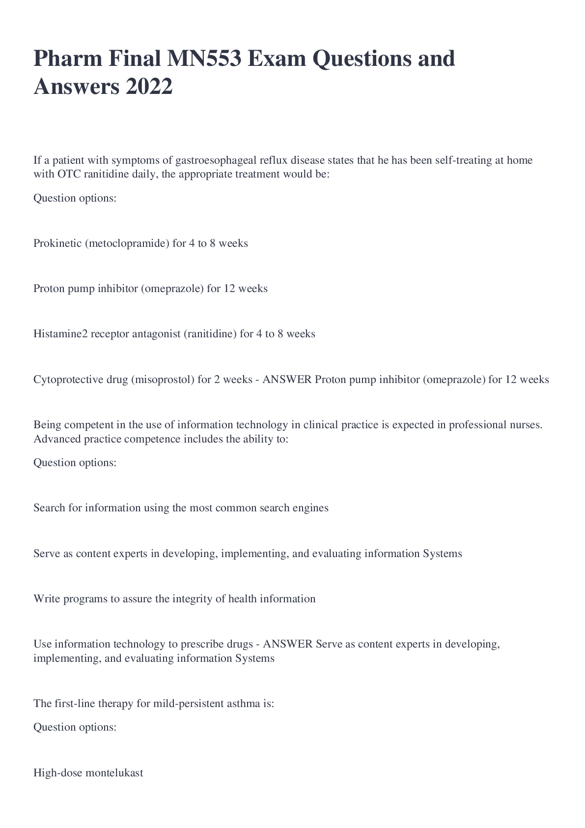 Pharm Final MN553 Exam Questions and Answers 2022 Browsegrades